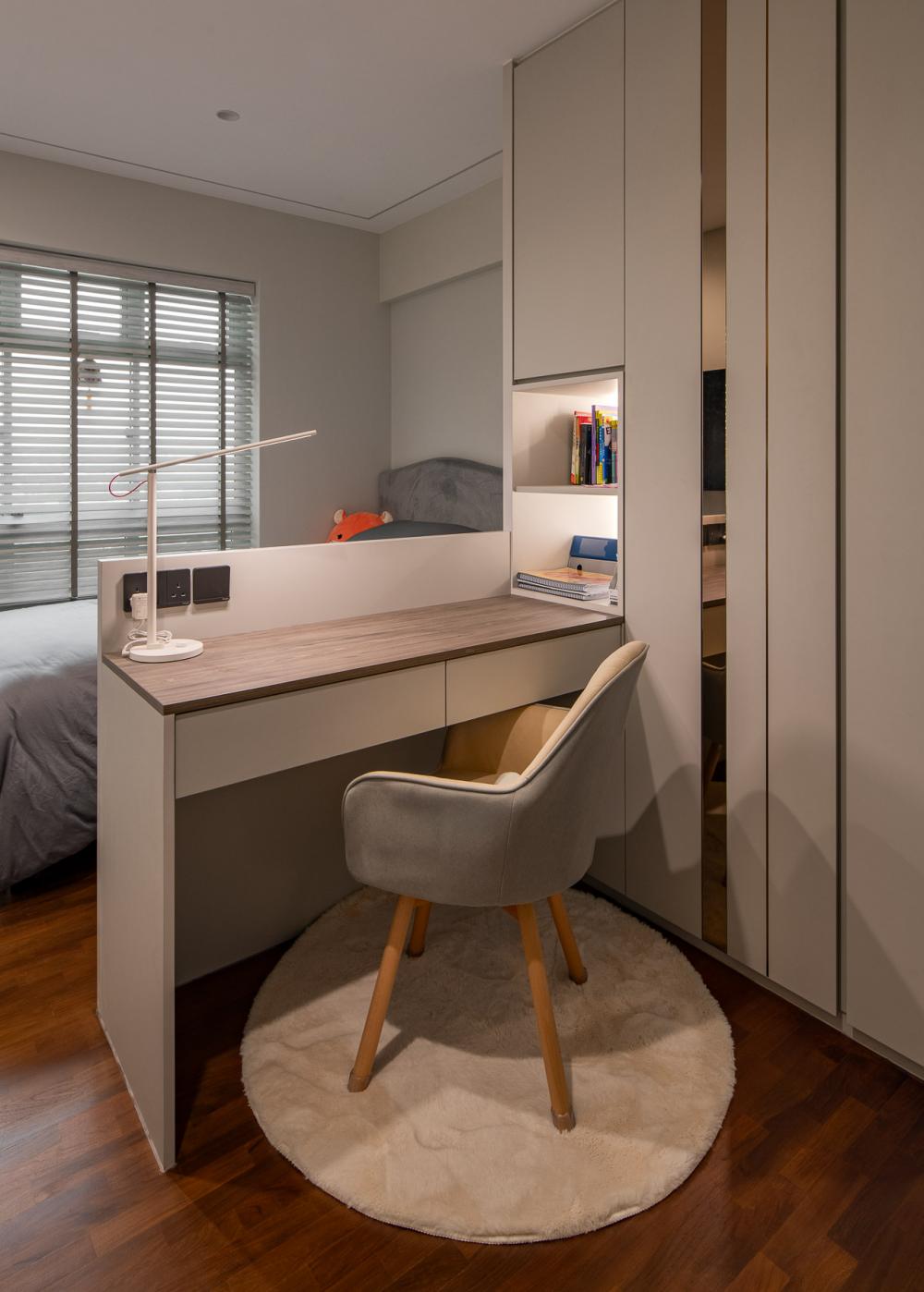 Contemporary Bedroom with Bookshelf and Platform Bed