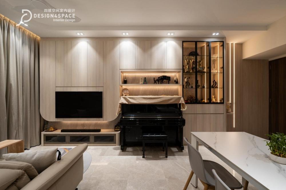 Contemporary Living Room with Homogeneous Tiles and TV Console