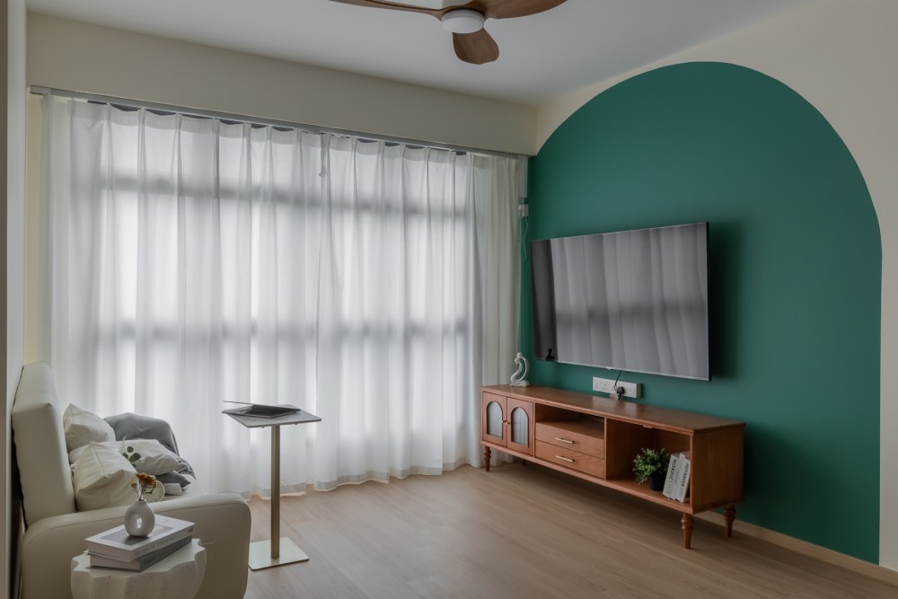 Scandinavian Living Room with TV Console and Feature Wall