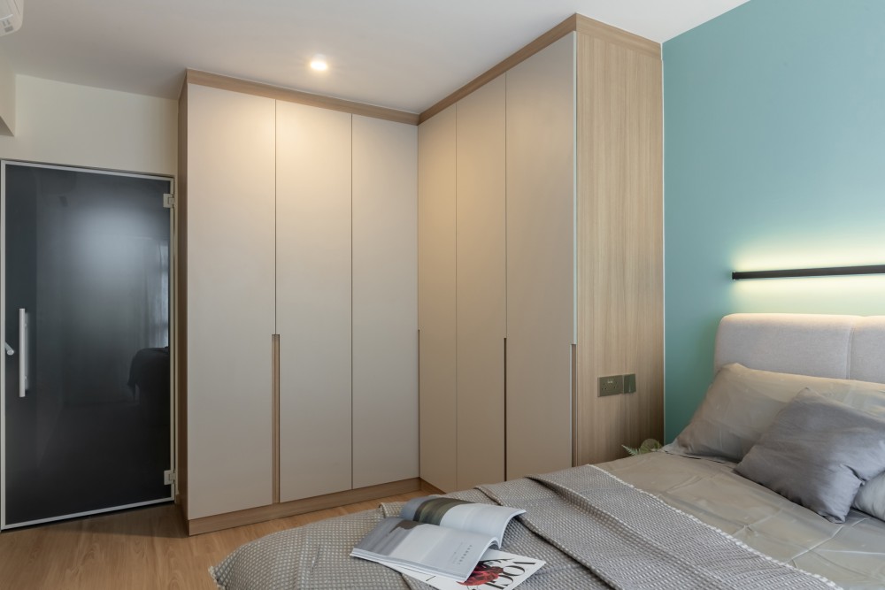 Scandinavian Bedroom with Vinyl Flooring and Glass Door