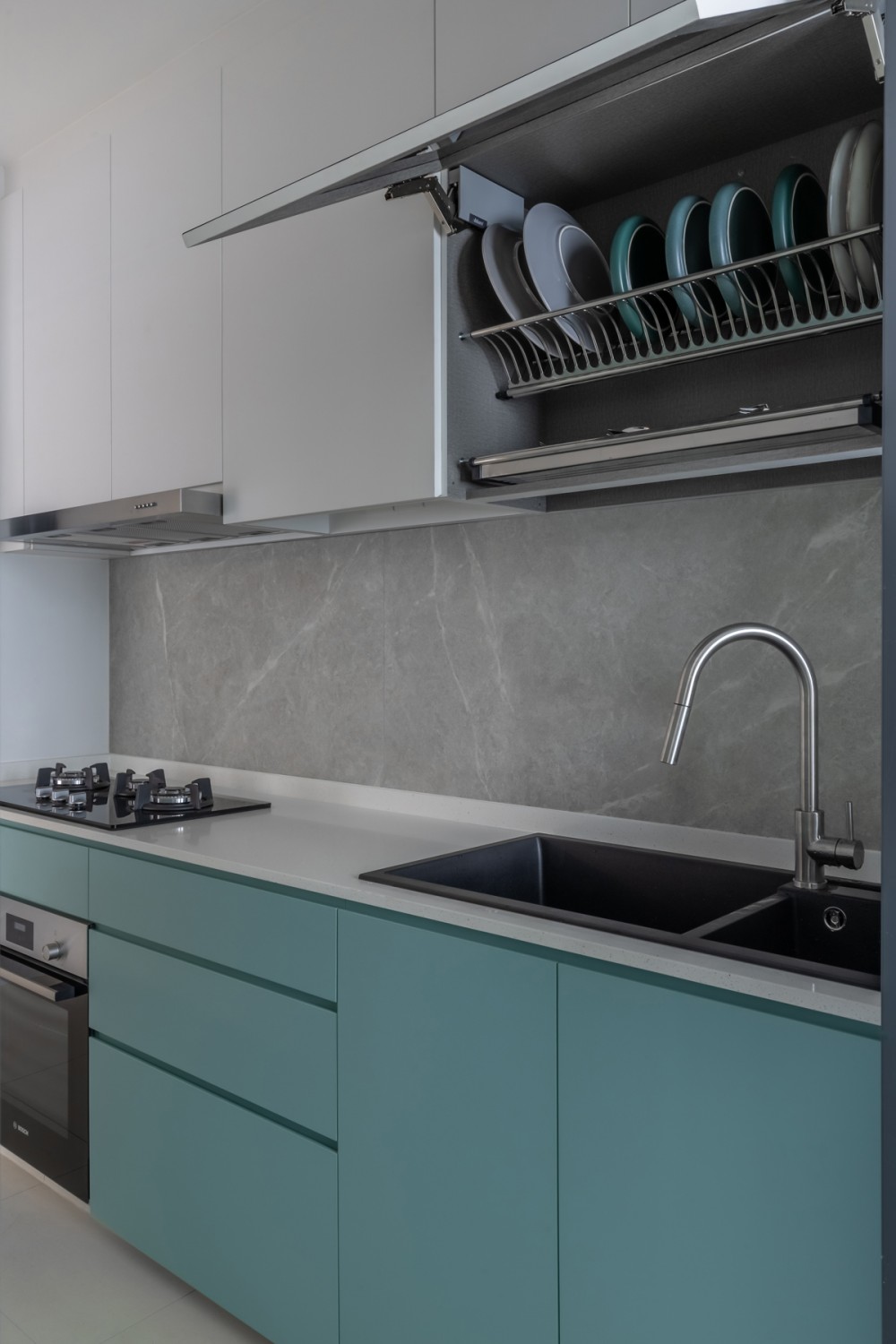 Scandinavian Kitchen with Countertop and Herringbone Tiling