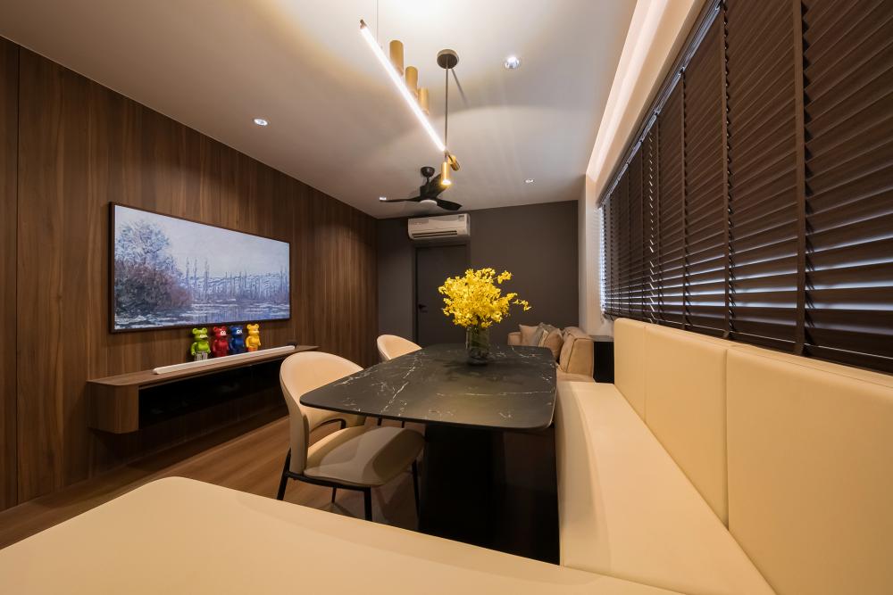 Contemporary Dining Room with Chandelier and Downlights