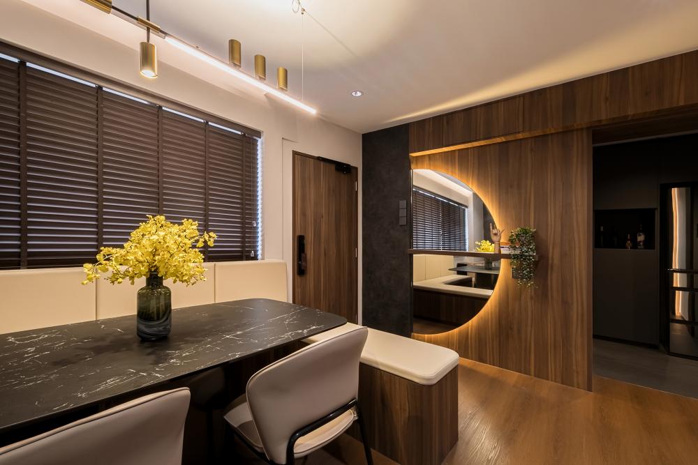 Contemporary Living Room with Vinyl Flooring and Display Cabinets