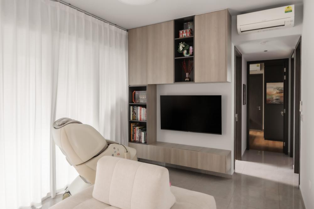 Modern Living Room with Homogeneous Tiles and TV Console
