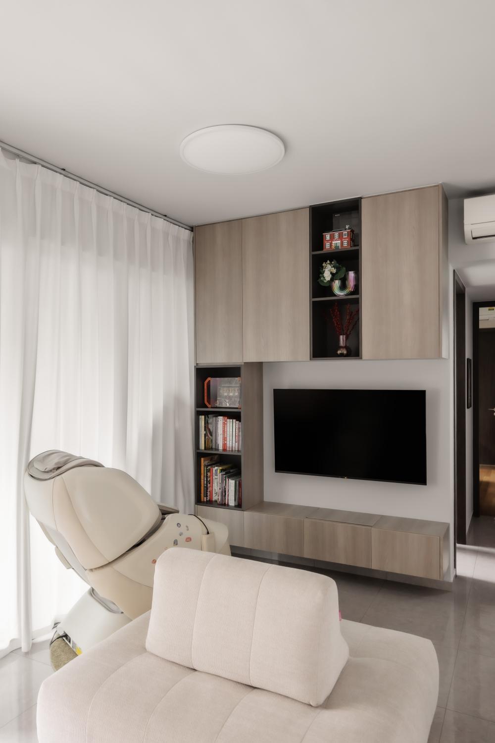 Modern Living Room with Bookshelf and Marble Floor
