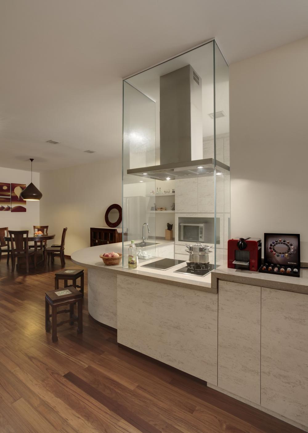 Eclectic Kitchen with Parquet Floor and Kitchen Island