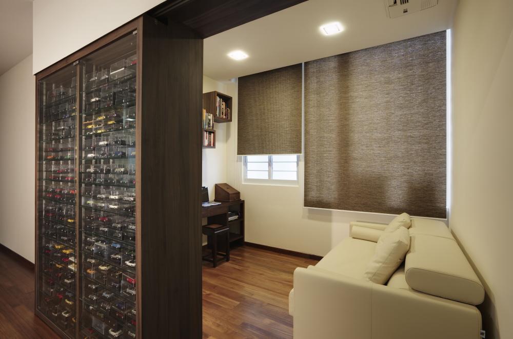 Eclectic Home Office with Bookshelf and Wallpaper