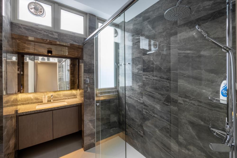 Asian Bathroom with Countertop and Homogeneous Tiles