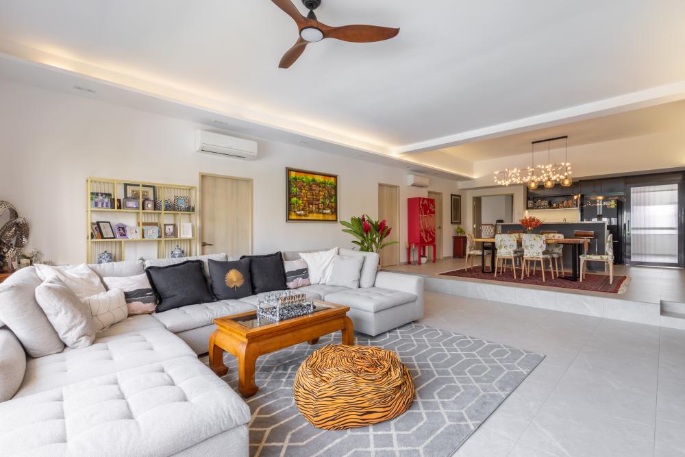 Asian Living Room with Homogeneous Tiles and Sofa