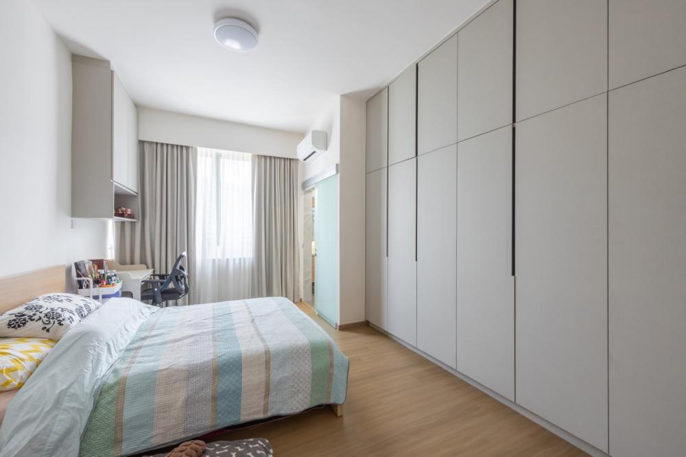 Asian Bedroom with Roller Blinds and Chandelier