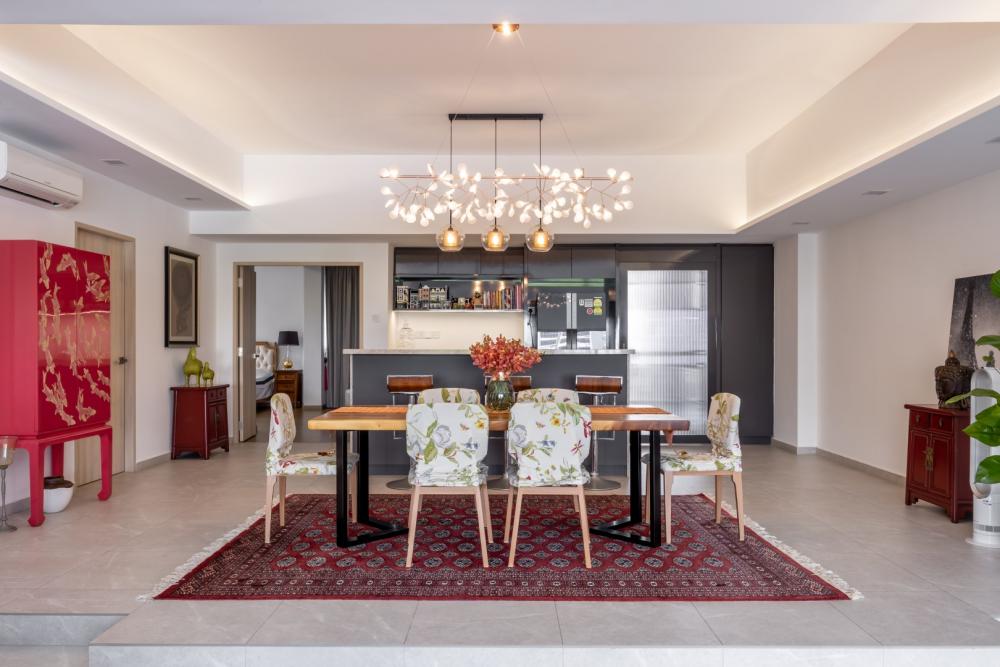 Asian Dining Room with Cove Lighting and Dining Table