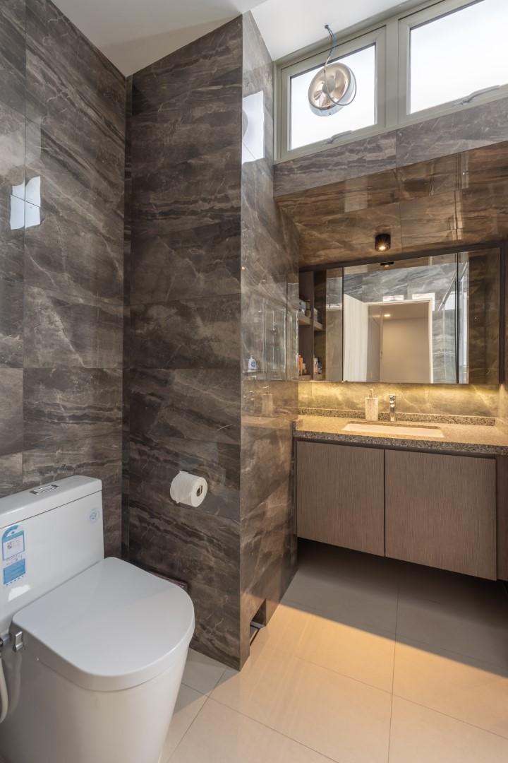 Asian Bathroom with Marble Floor and Mirror