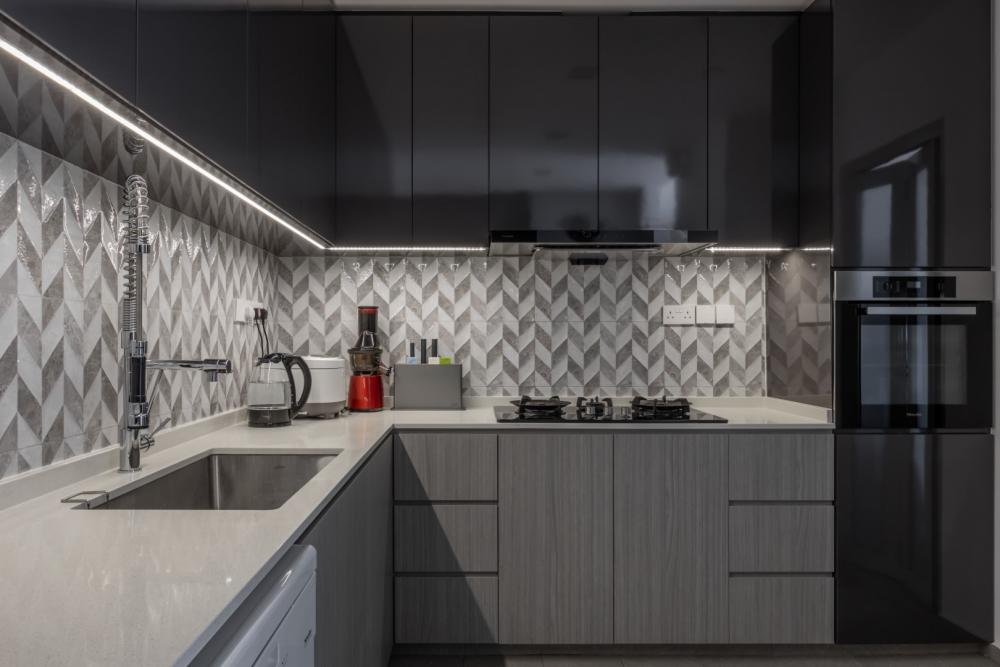 Asian Kitchen with Countertop and Homogeneous Tiles