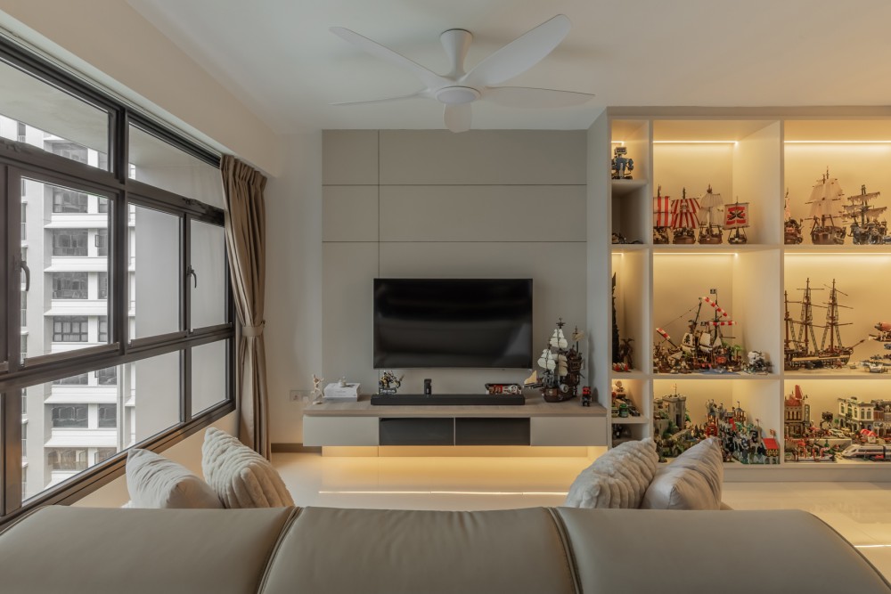 Modern Living Room with Feature Wall and Ceiling Fan
