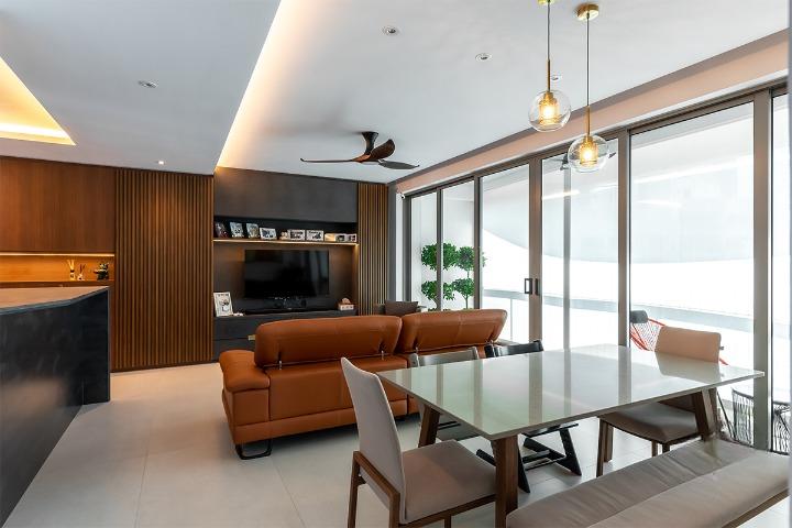 Modern Living Room with Feature Wall and Drop Light