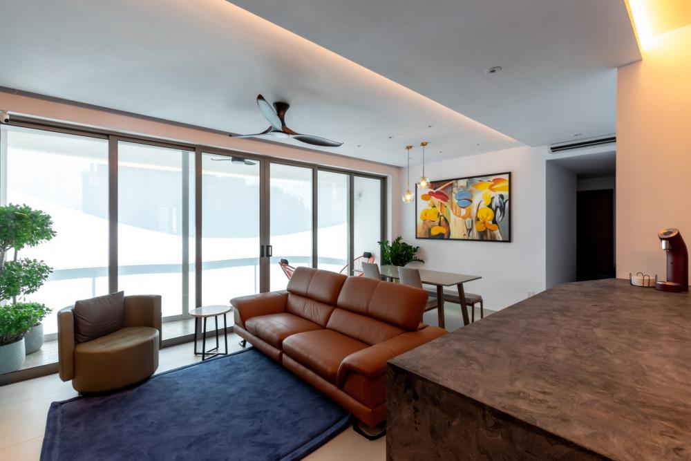 Modern Living Room with Granite Floor and Drop Ceiling