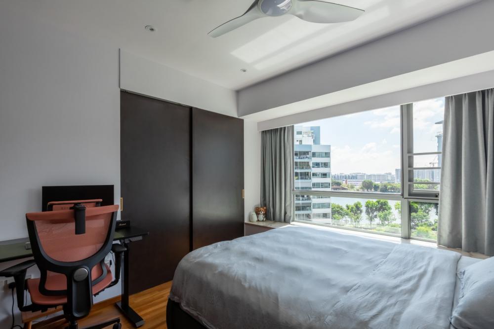 Modern Bedroom with Wood Flooring and Bay Window