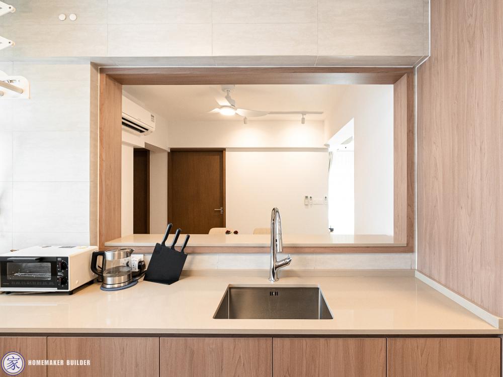 Scandinavian Dining Room with Countertop and Feature Wall