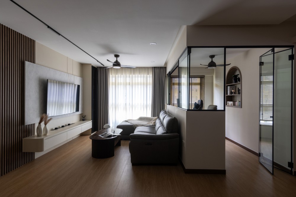 Contemporary Living Room with TV Console and Feature Wall