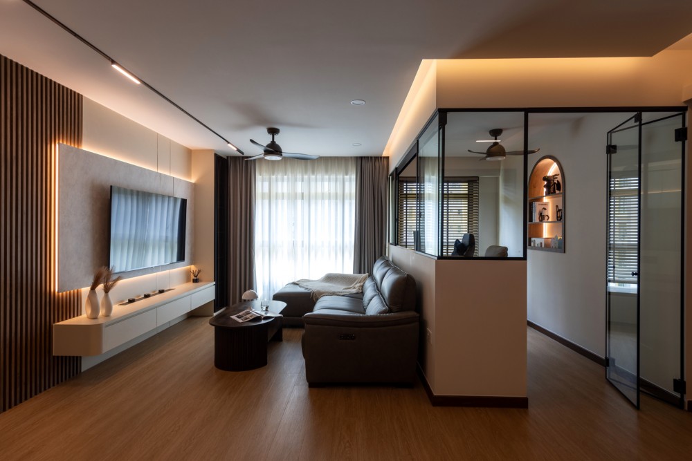 Contemporary Living Room with TV Console and Feature Wall