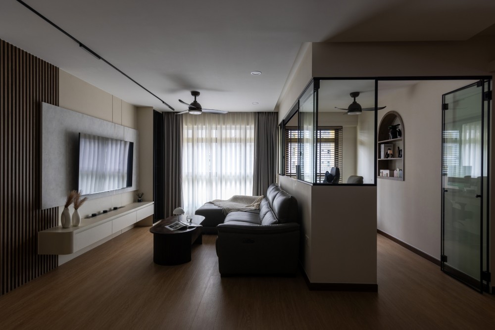 Contemporary Living Room with TV Console and Feature Wall