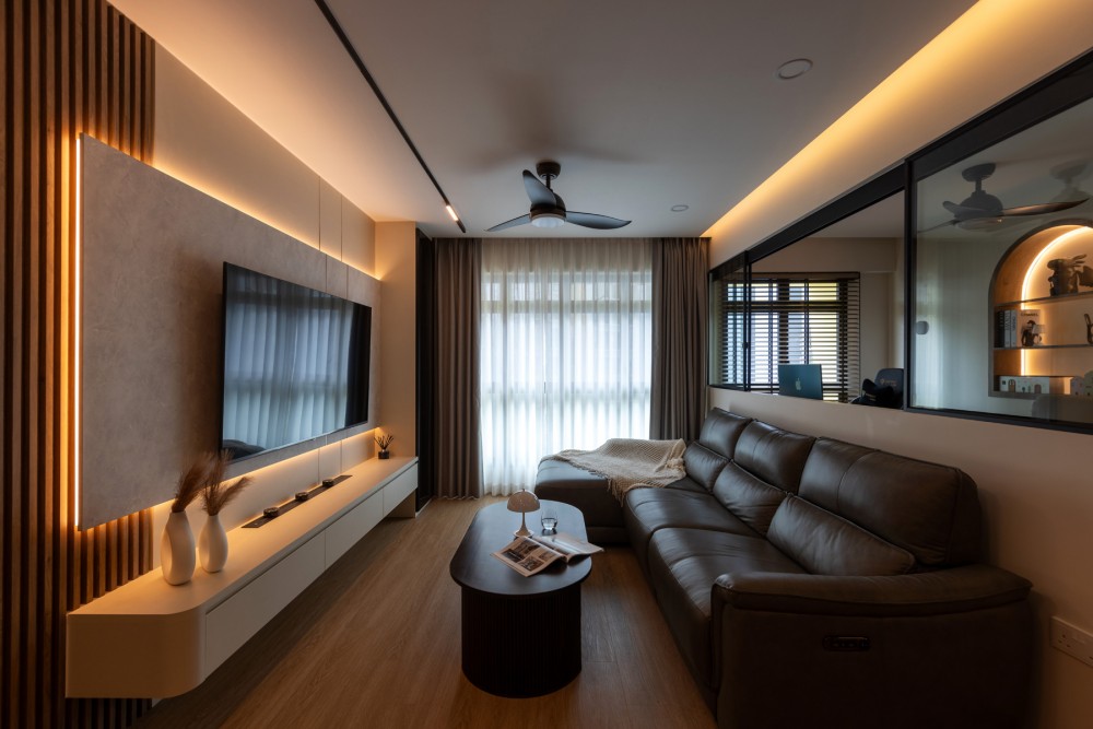 Contemporary Living Room with TV Console and Feature Wall