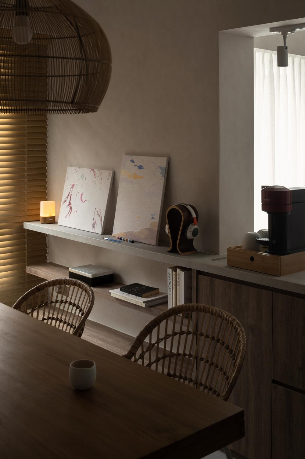 Minimalist Dining Room with Drop Light and Ceiling Light