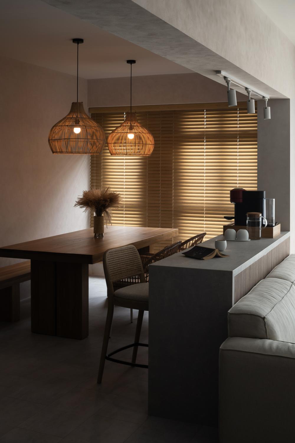 Minimalist Dining Room with Ceiling Light and Dining Table