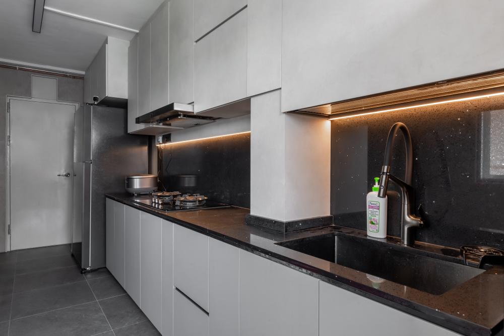Modern Kitchen with Cement Floor and Kitchen Window