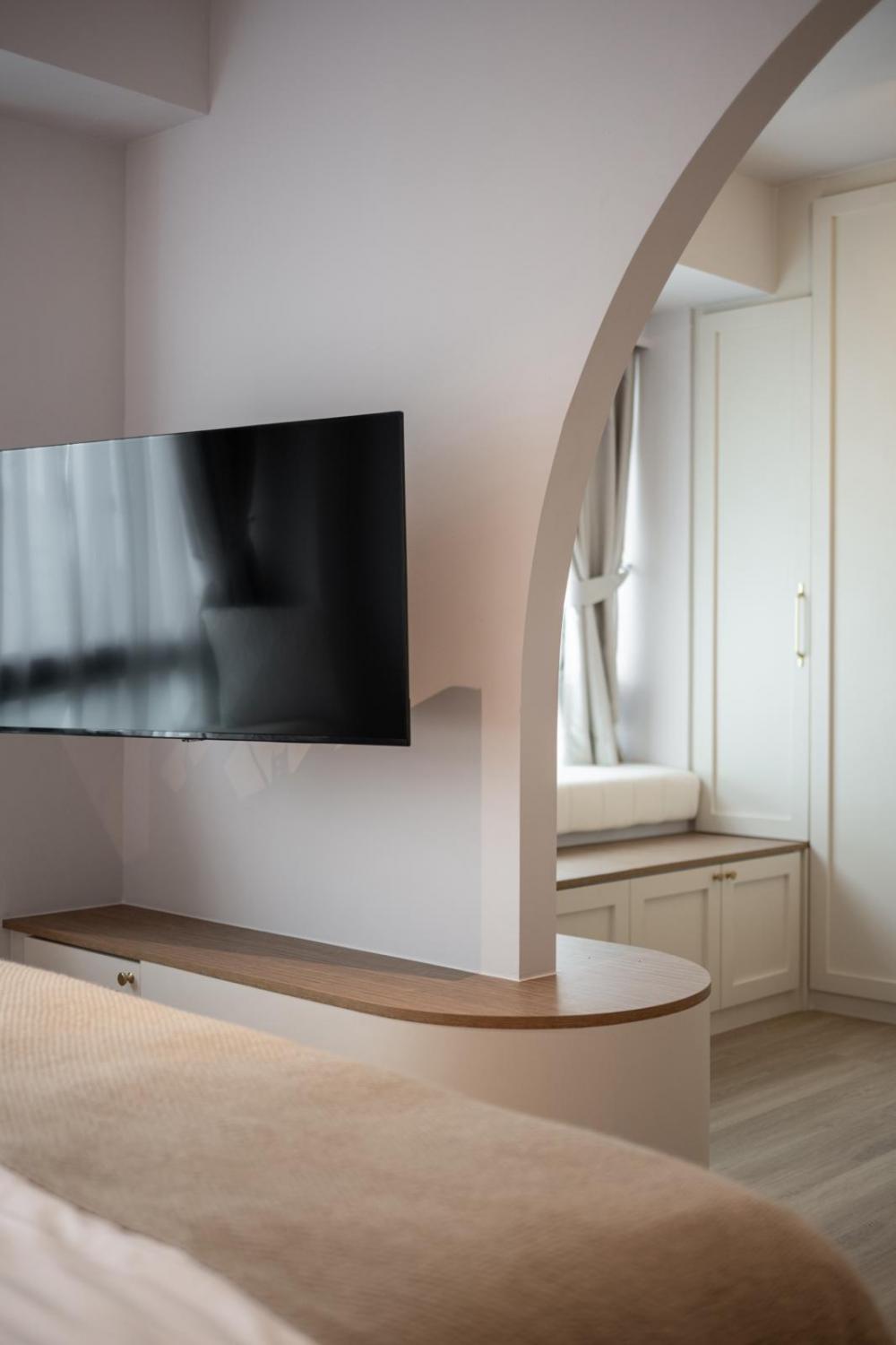 Scandinavian Bedroom with Parquet Floor and TV Console