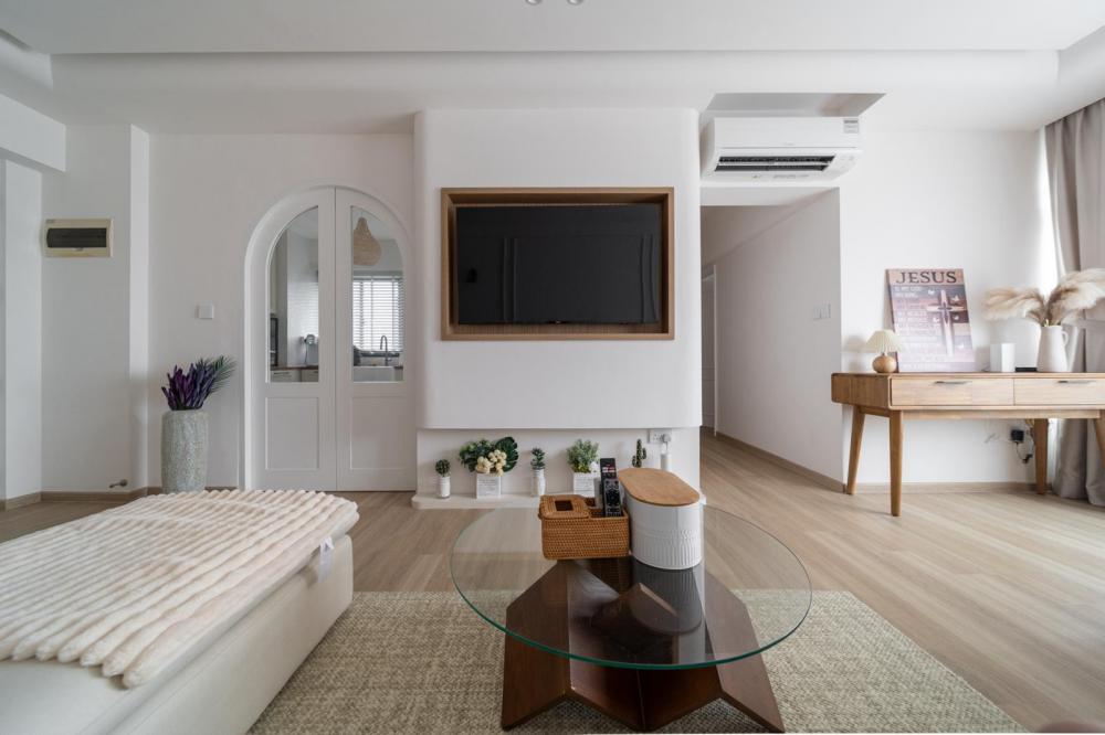 Scandinavian Living Room with TV Console and Feature Wall