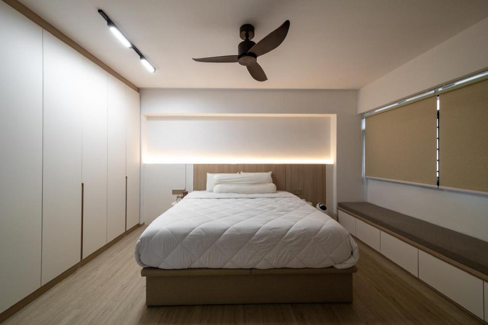 Scandinavian Bedroom with Vinyl Flooring and Cove Lighting