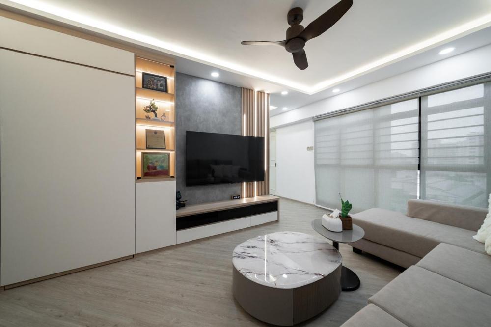 Scandinavian Living Room with Bookshelf and TV Console