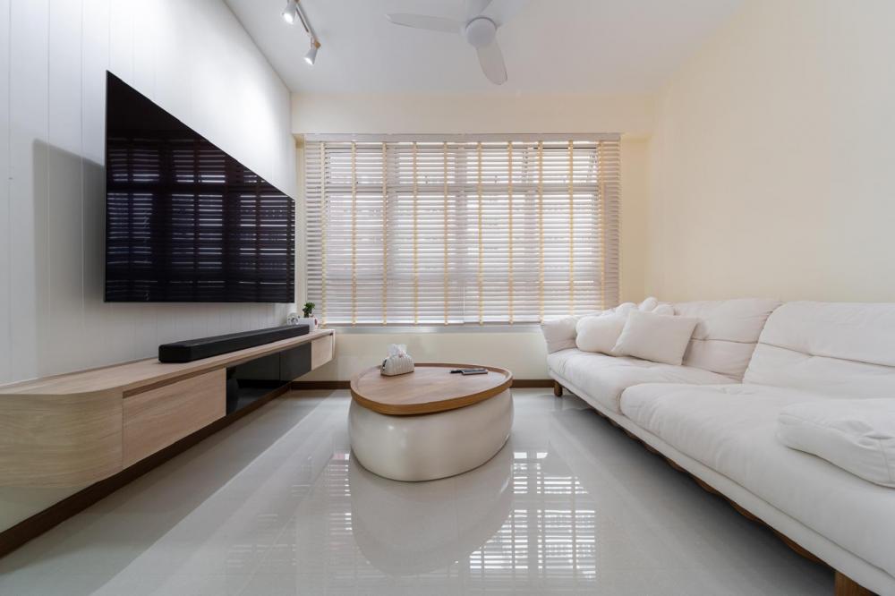 Contemporary Living Room with Homogeneous Tiles and TV Console