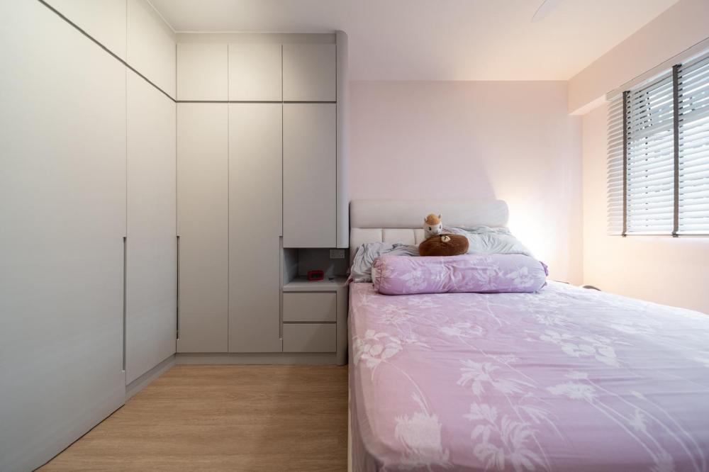 Contemporary Bedroom with Bookshelf and Vinyl Flooring