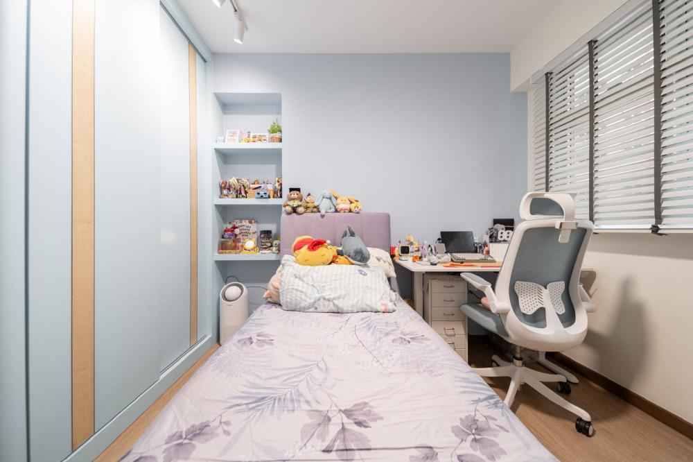 Contemporary Bedroom with Bookshelf and Vinyl Flooring