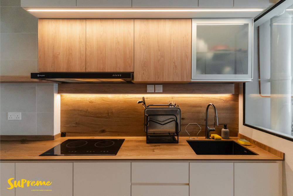 Contemporary Kitchen with Marble Floor and Wood Flooring
