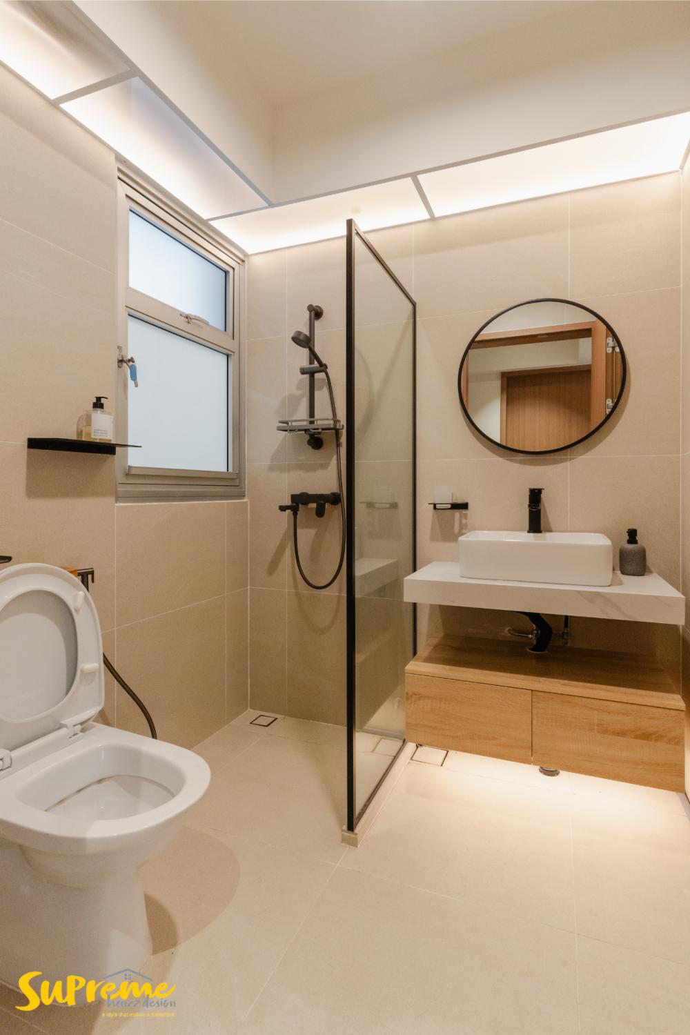 Contemporary Bathroom with Wood Flooring and Mirror