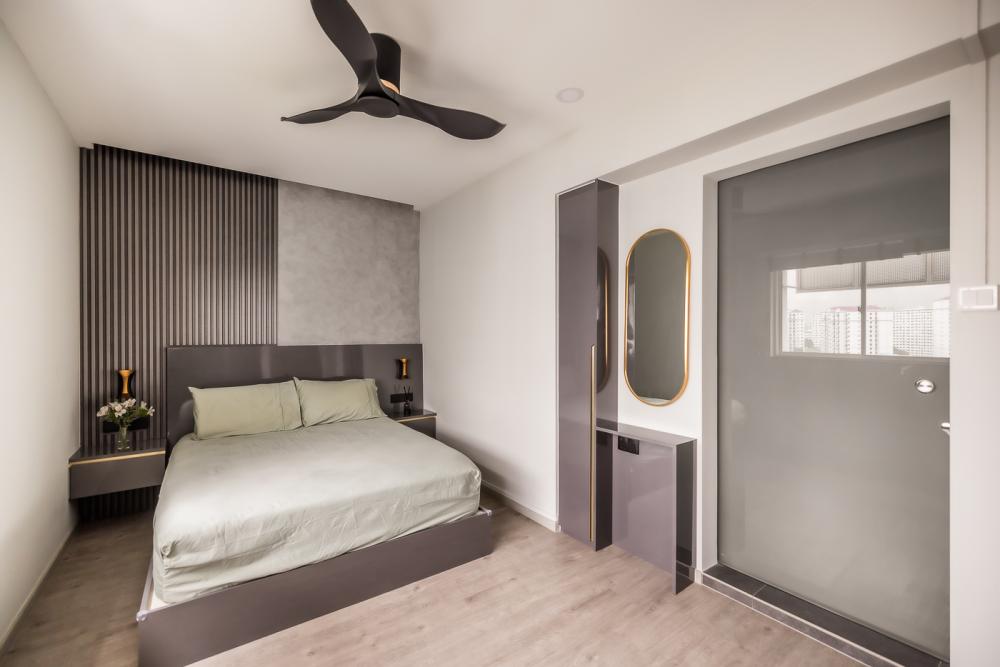 Modern Bedroom with Vinyl Flooring and Drop Light