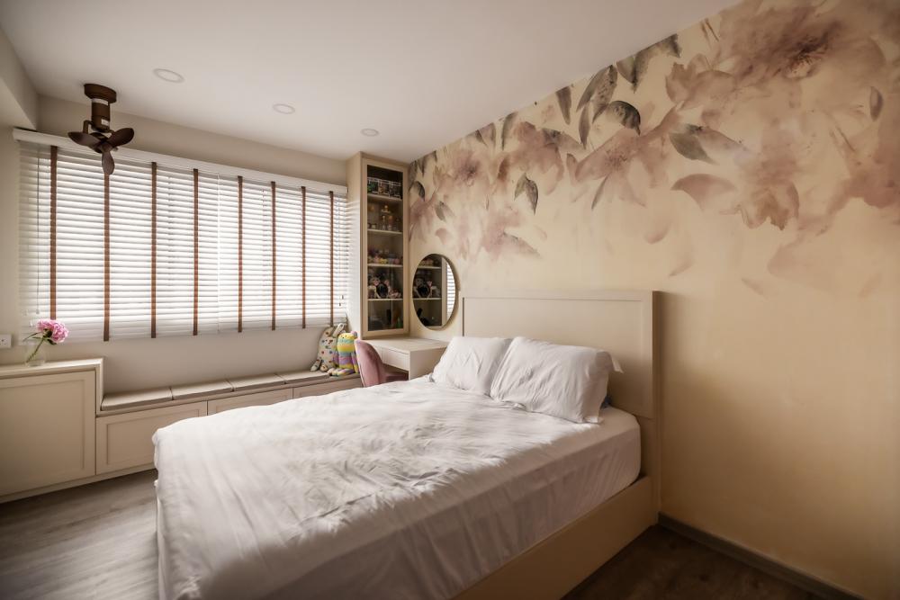 Modern Bedroom with Bookshelf and Vinyl Flooring