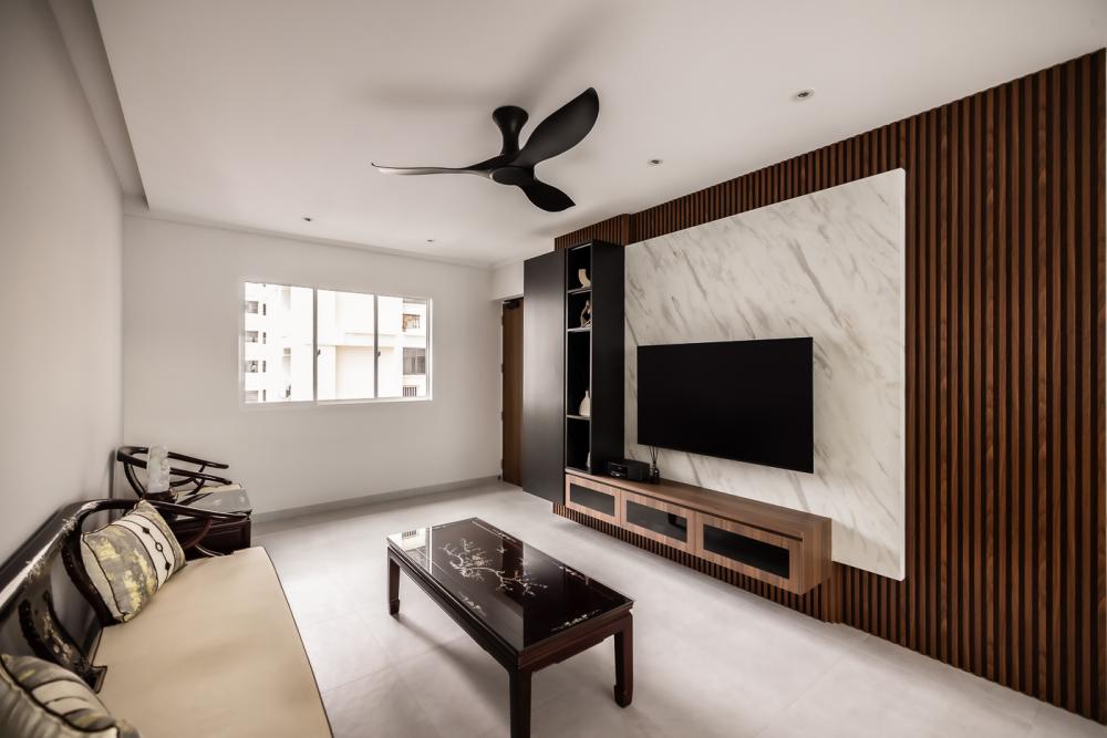 Modern Living Room with Homogeneous Tiles and TV Console