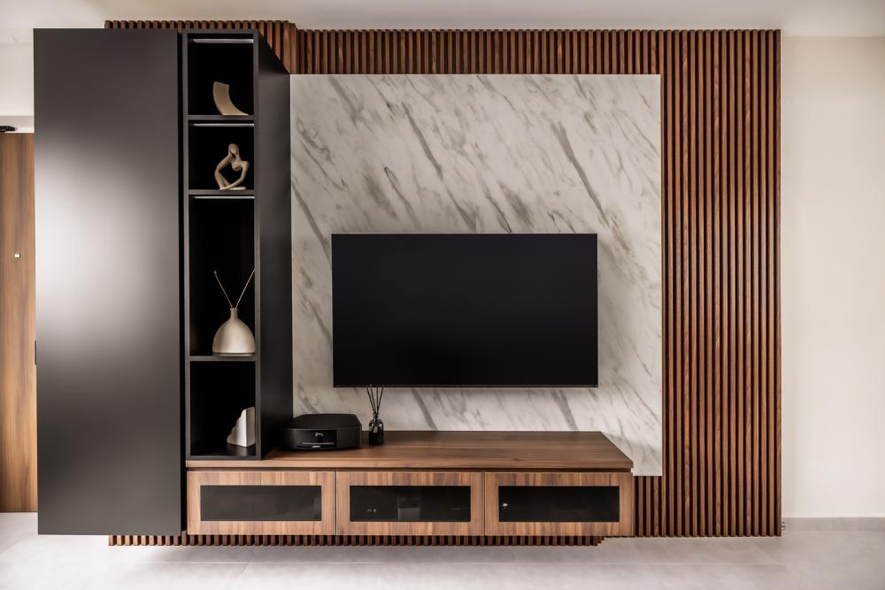 Modern Living Room with Homogeneous Tiles and TV Console
