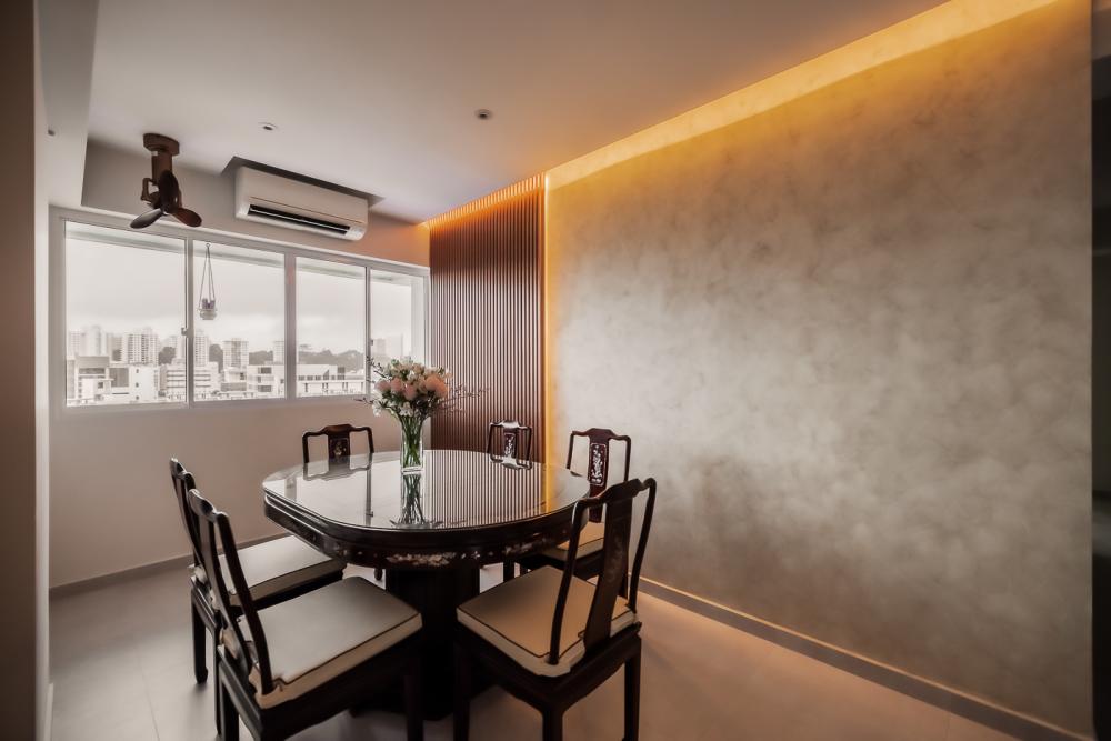 Modern Dining Room with Herringbone Tiling and Drop Light