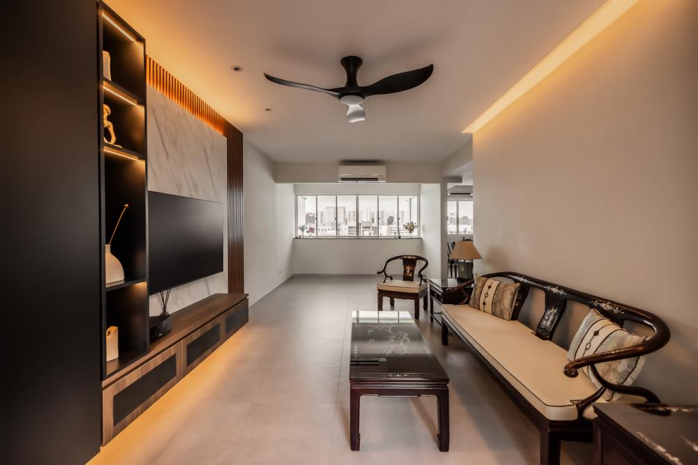 Modern Living Room with Homogeneous Tiles and TV Console