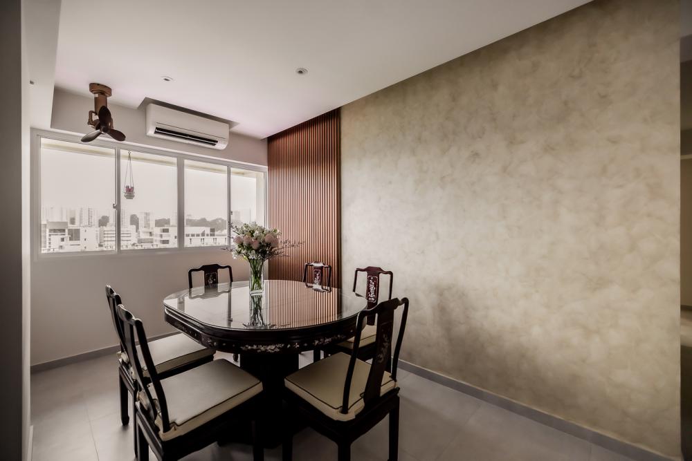 Modern Dining Room with Homogeneous Tiles and Downlights