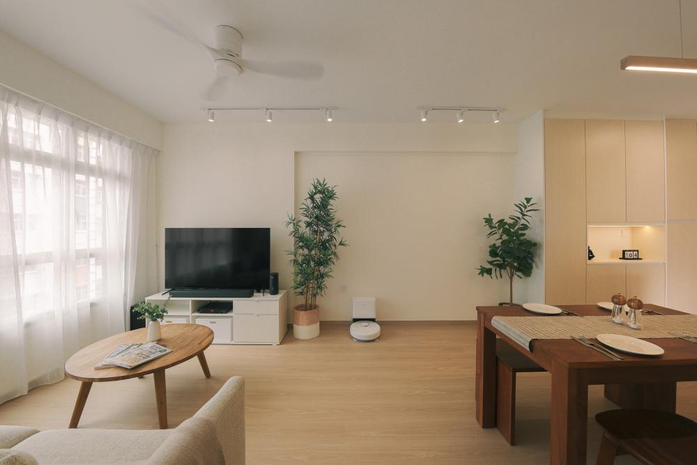 Scandinavian Living Room with TV Console and Drop Ceiling