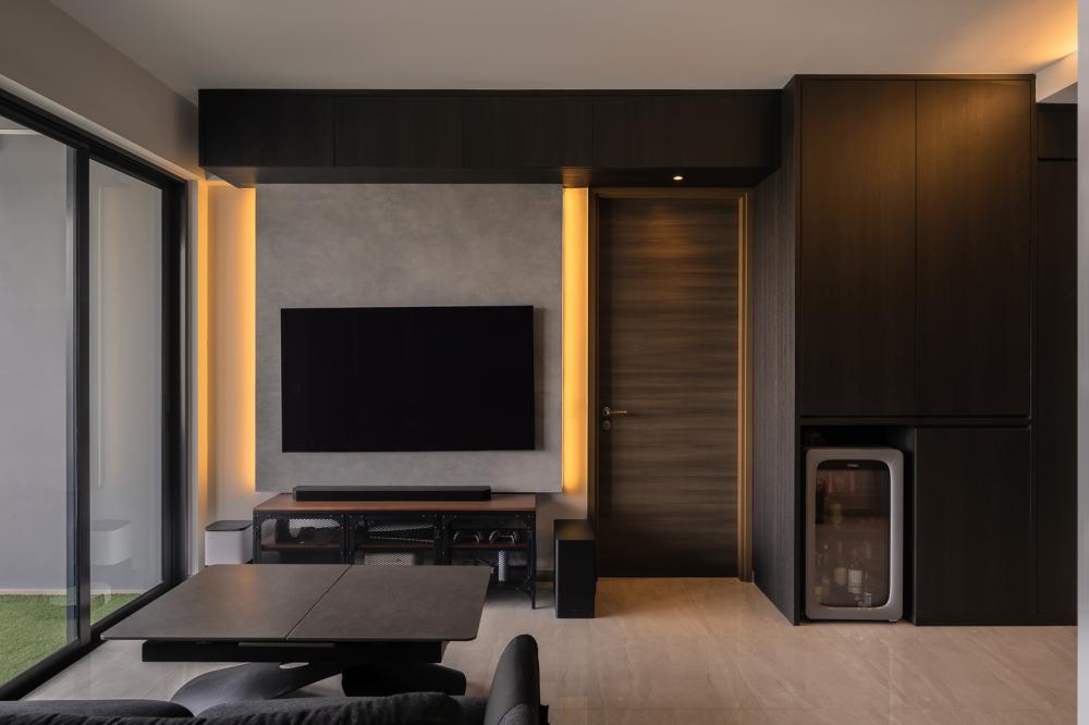 Minimalist Living Room with Homogeneous Tiles and TV Console
