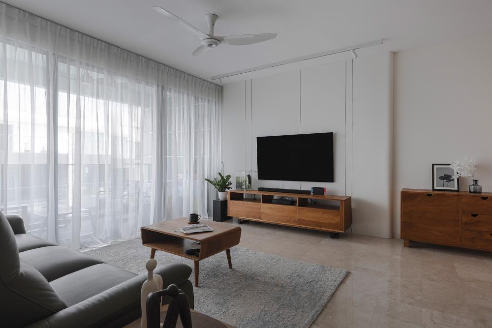 Contemporary Living Room with Marble Floor and Feature Wall