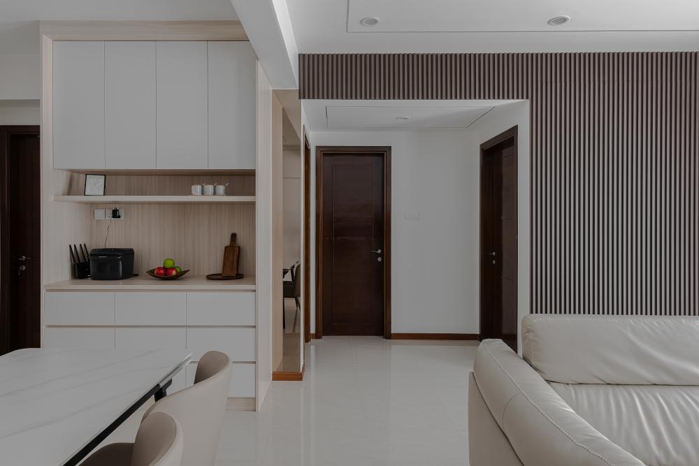 Contemporary Hallway with Bookshelf and Artwork