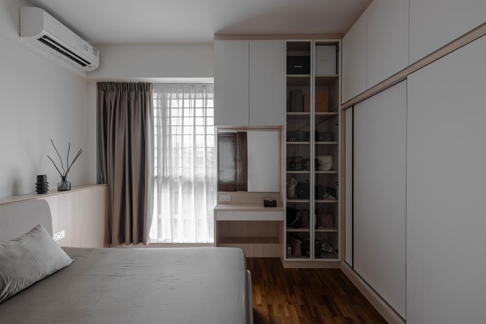 Contemporary Bedroom with Parquet Floor and Cove Lighting